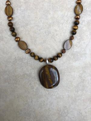 Tiger Eye Pendant and 20” Necklace with Pearls/Shells